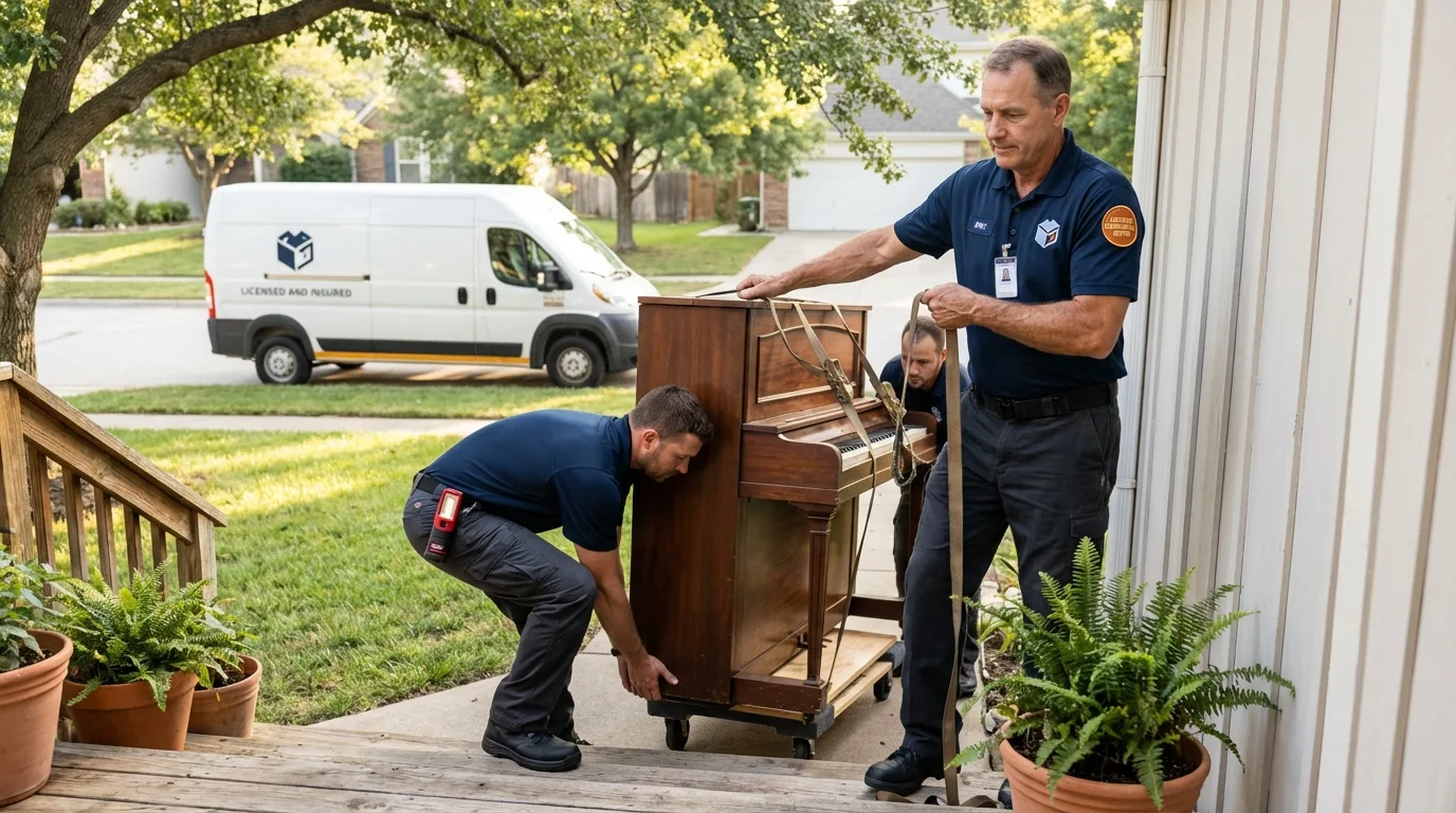 Licensed piano movers securing grand piano in Highspire, PA