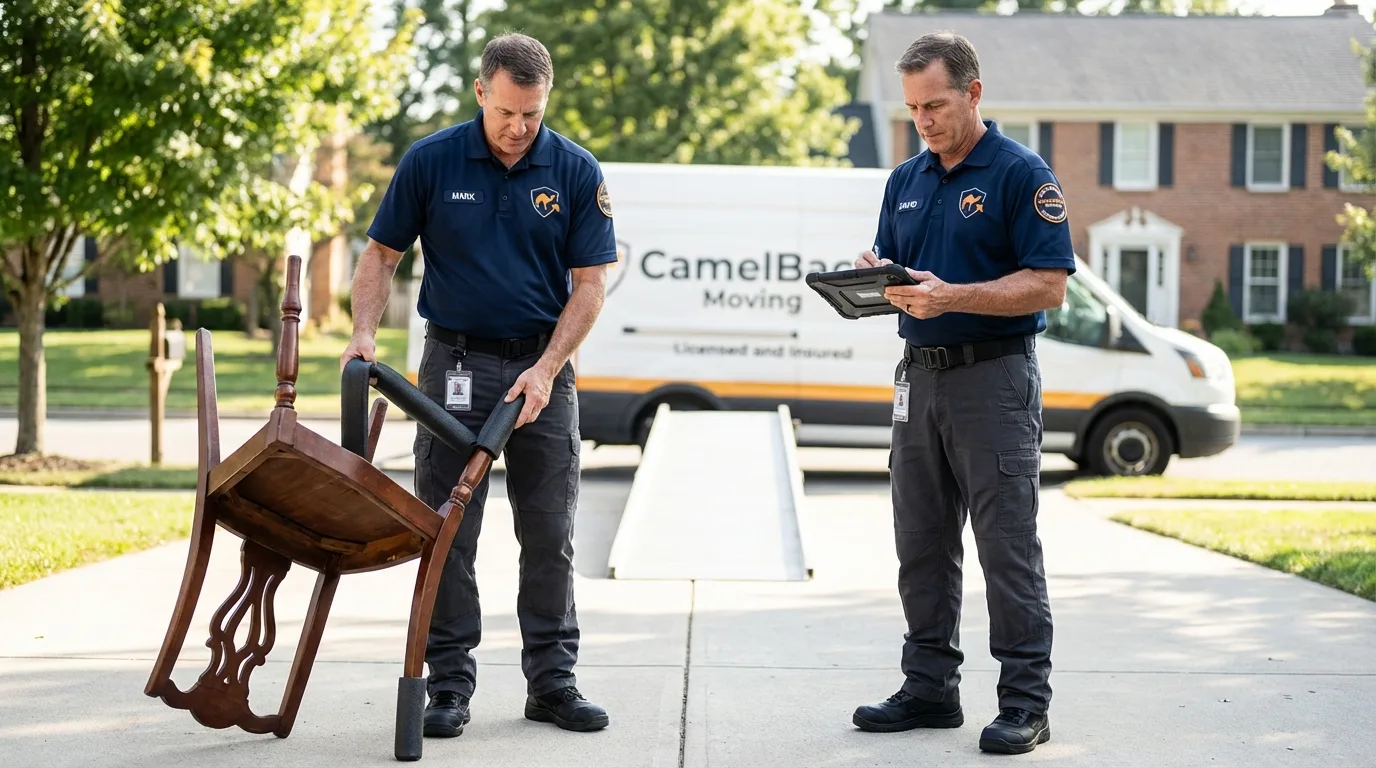 Movers inspecting furniture for damage prevention before loading in Highspire, PA
