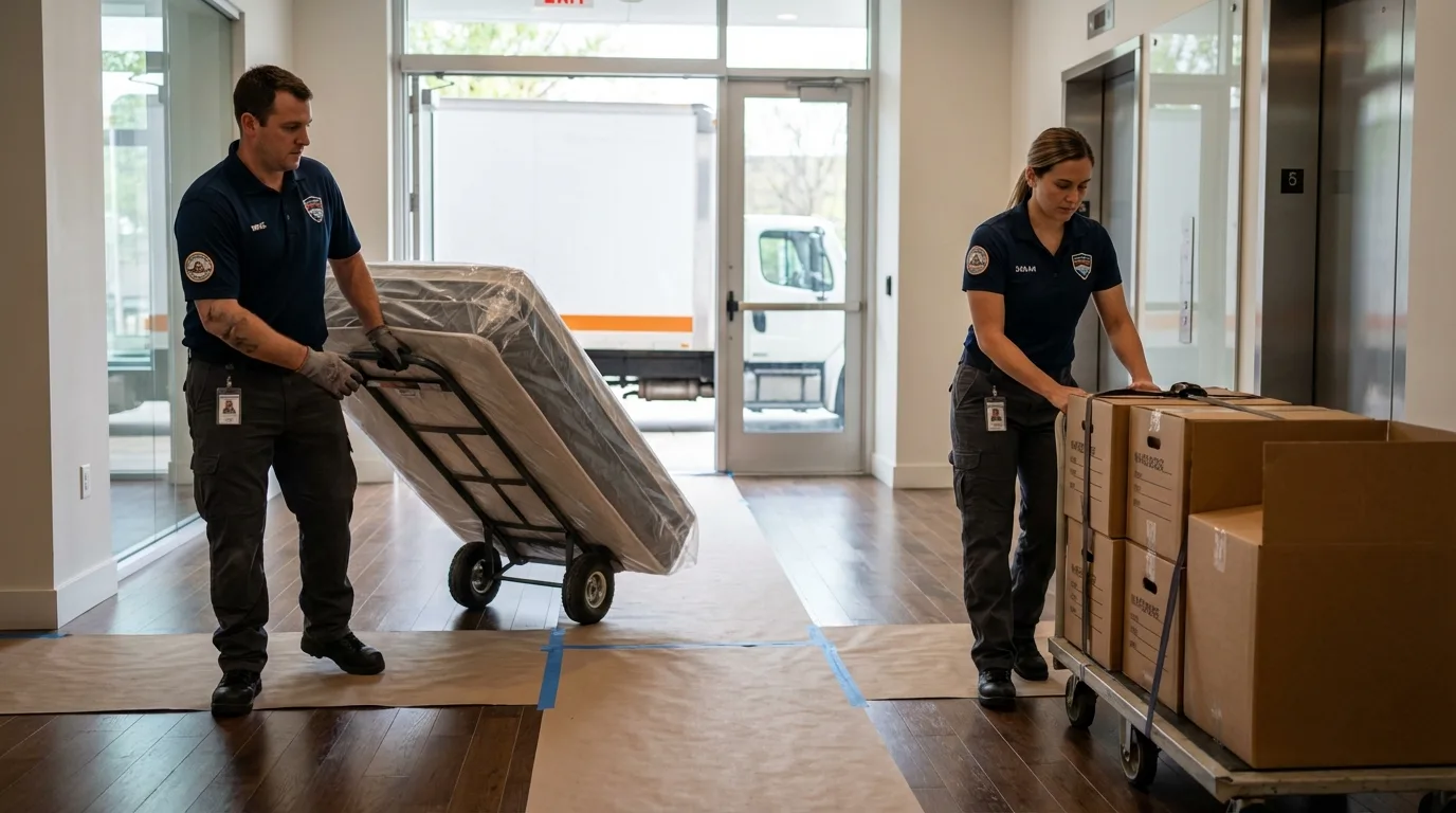 Professional apartment movers loading elevator in Highspire, PA